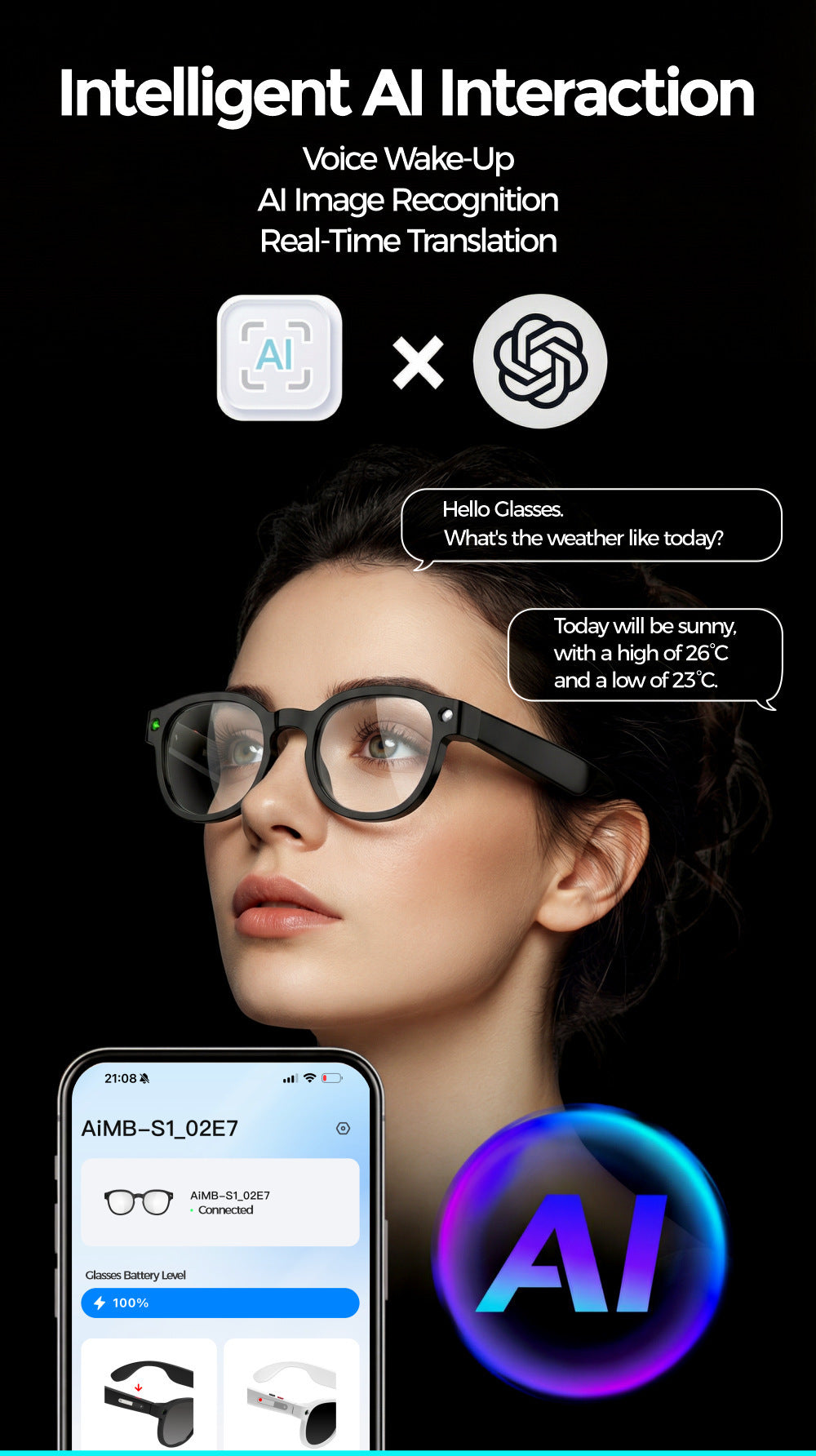 AI Smart Glasses for Men Women,8MP 1080P HD Camera Glasses,AI Voice Control,AI Photo Recognition,Real-Time Translation,Smart Sunglasses with Bluetooth Call,IP67 Waterproof for Driving,Outdoor,+2 Lenses.